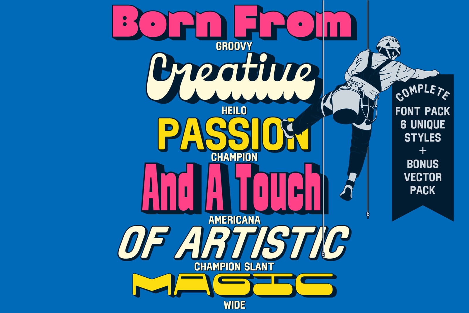 Bold retro font pack with 6 styles plus bonus vectors, biker illustration on bright blue background