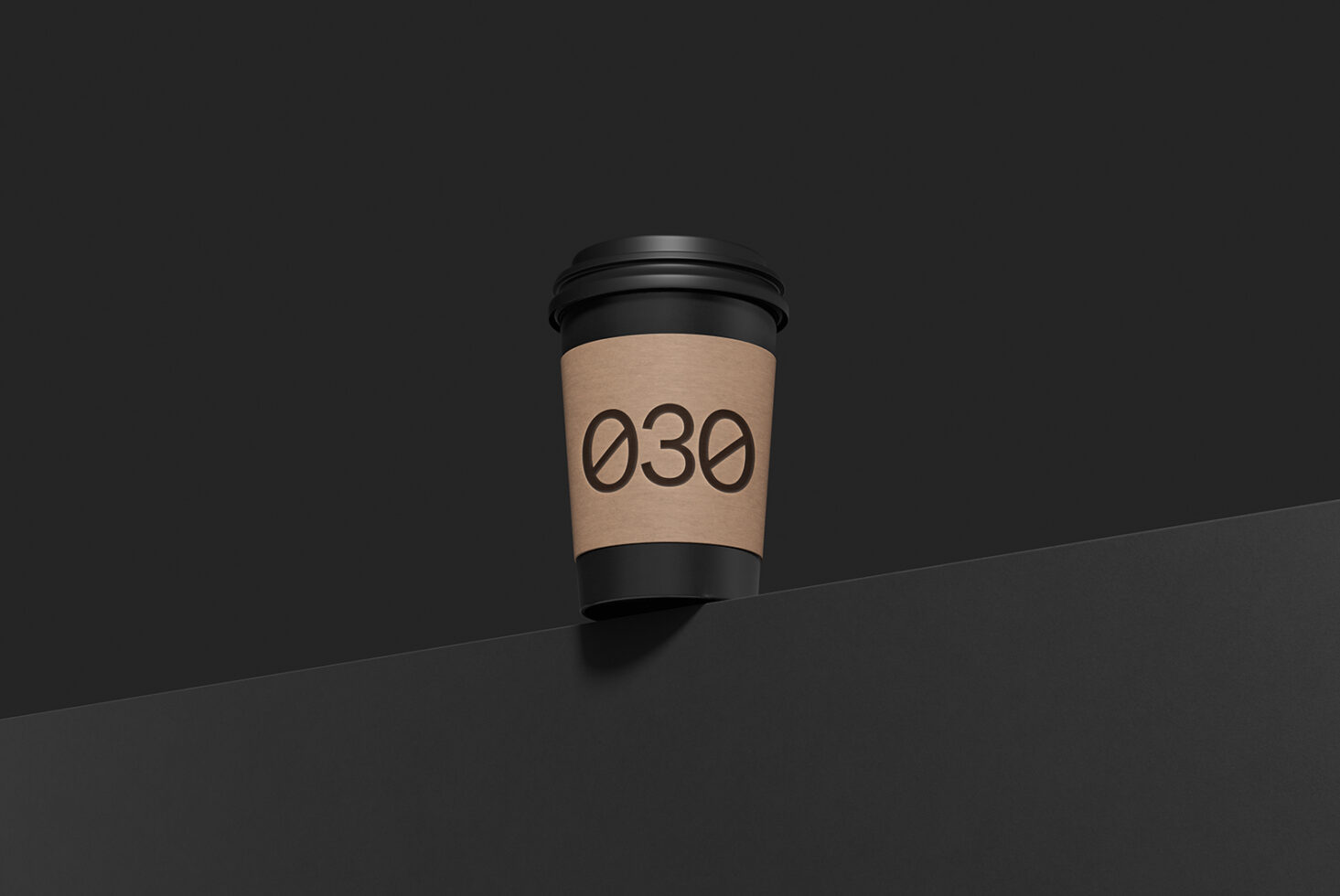 Minimalist coffee cup mockup with kraft sleeve showing "030" number on dark background