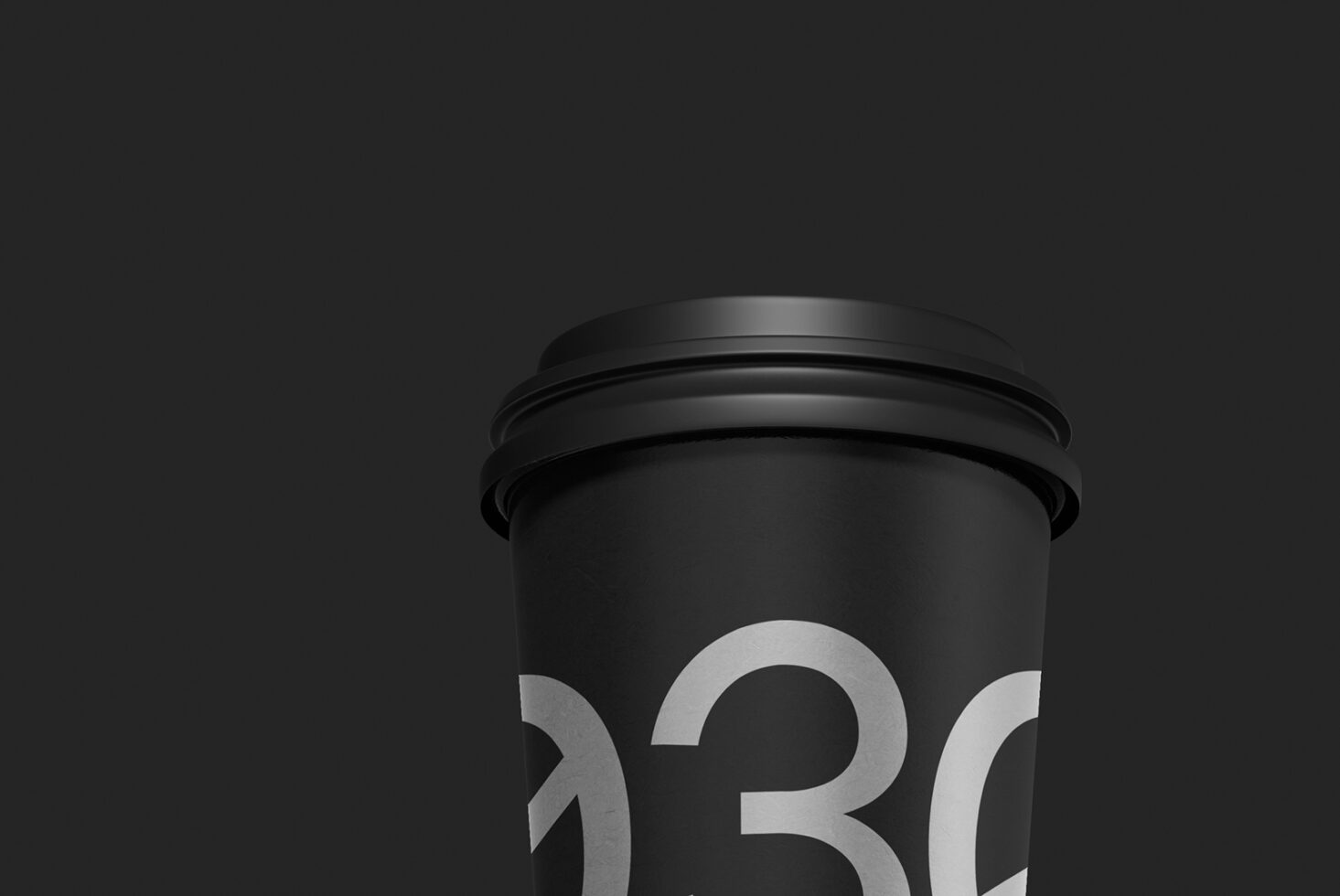 Black coffee cup mockup with large silver numbers on dark background