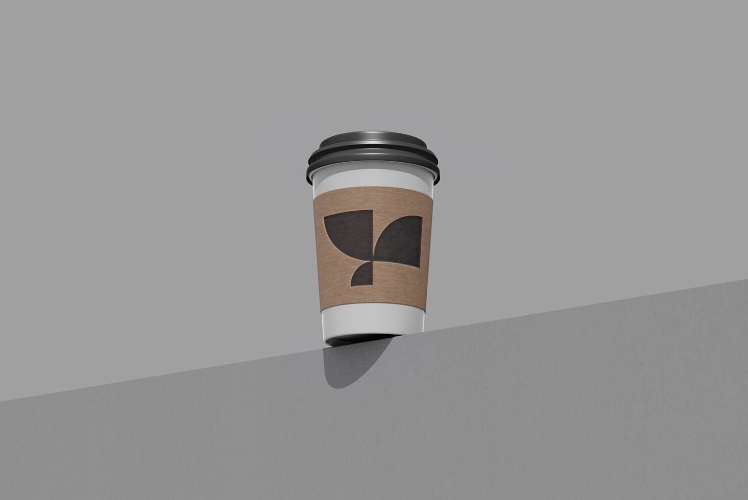 Coffee cup mockup with geometric logo on kraft sleeve, black lid, clean shadows
