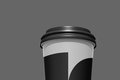 Coffee cup mockup with black lid, white sleeve, minimal branding space on gray background