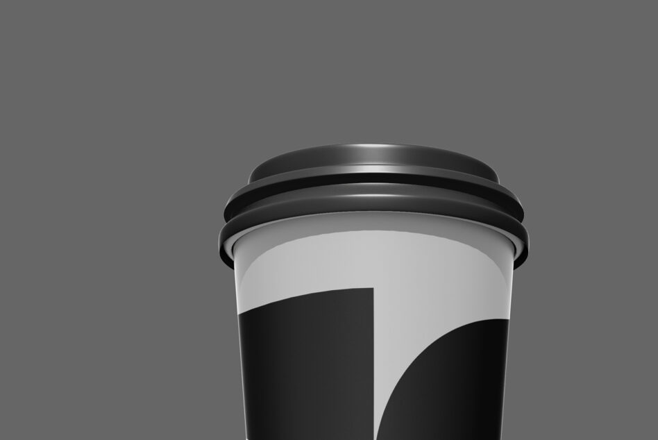Coffee cup mockup with black lid, white sleeve, minimal branding space on gray background