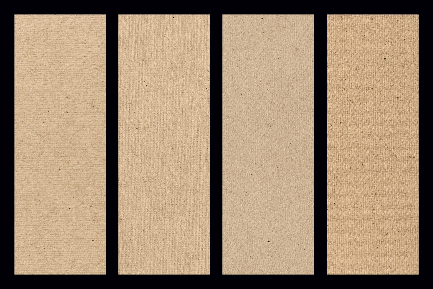 Four kraft paper textures with varying weave patterns, dirt specks, natural fiber details
