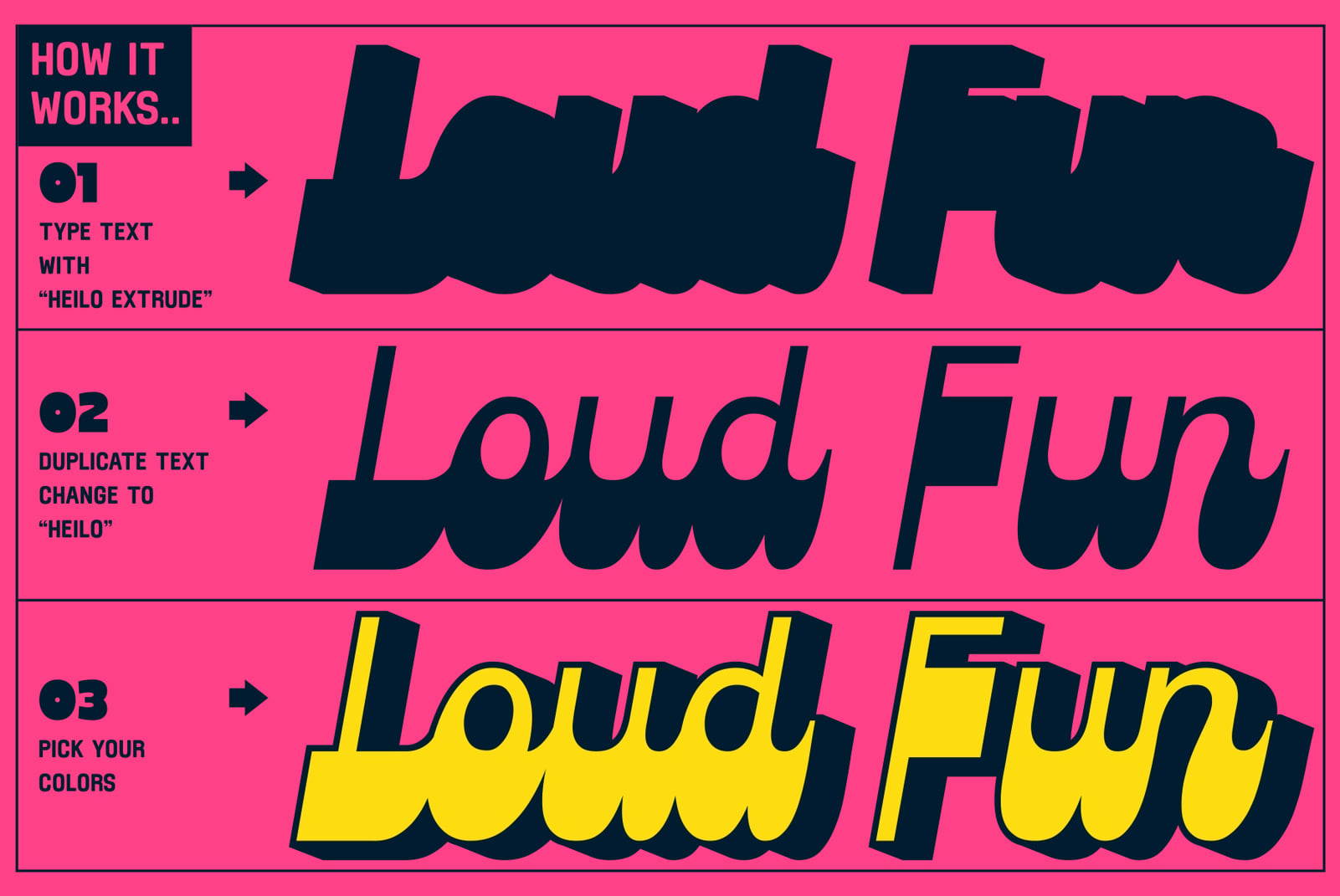 Extrude font tutorial showing three steps with bright pink background plus black to yellow color swap