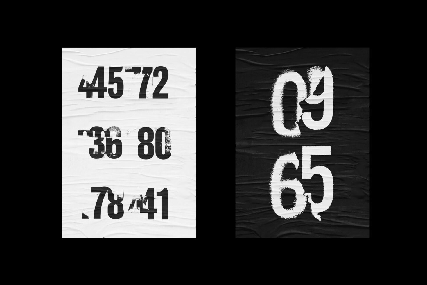 Distressed number mockups in black on white wood texture, white on dark wood grain