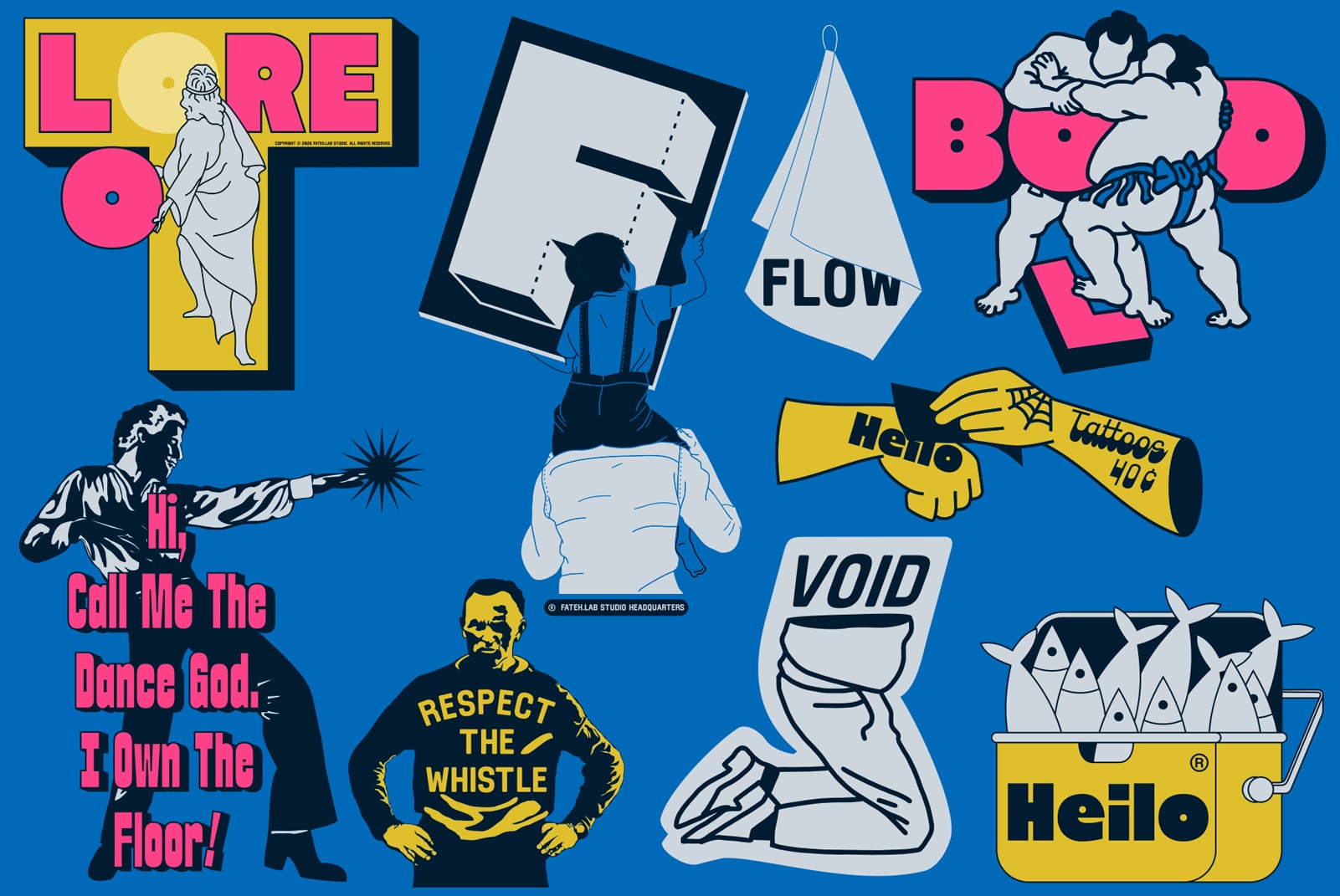 Bright blue background packed with bold retro graphics, neon pink typography, line art figures, yellow accents, edgy text treatments throughout