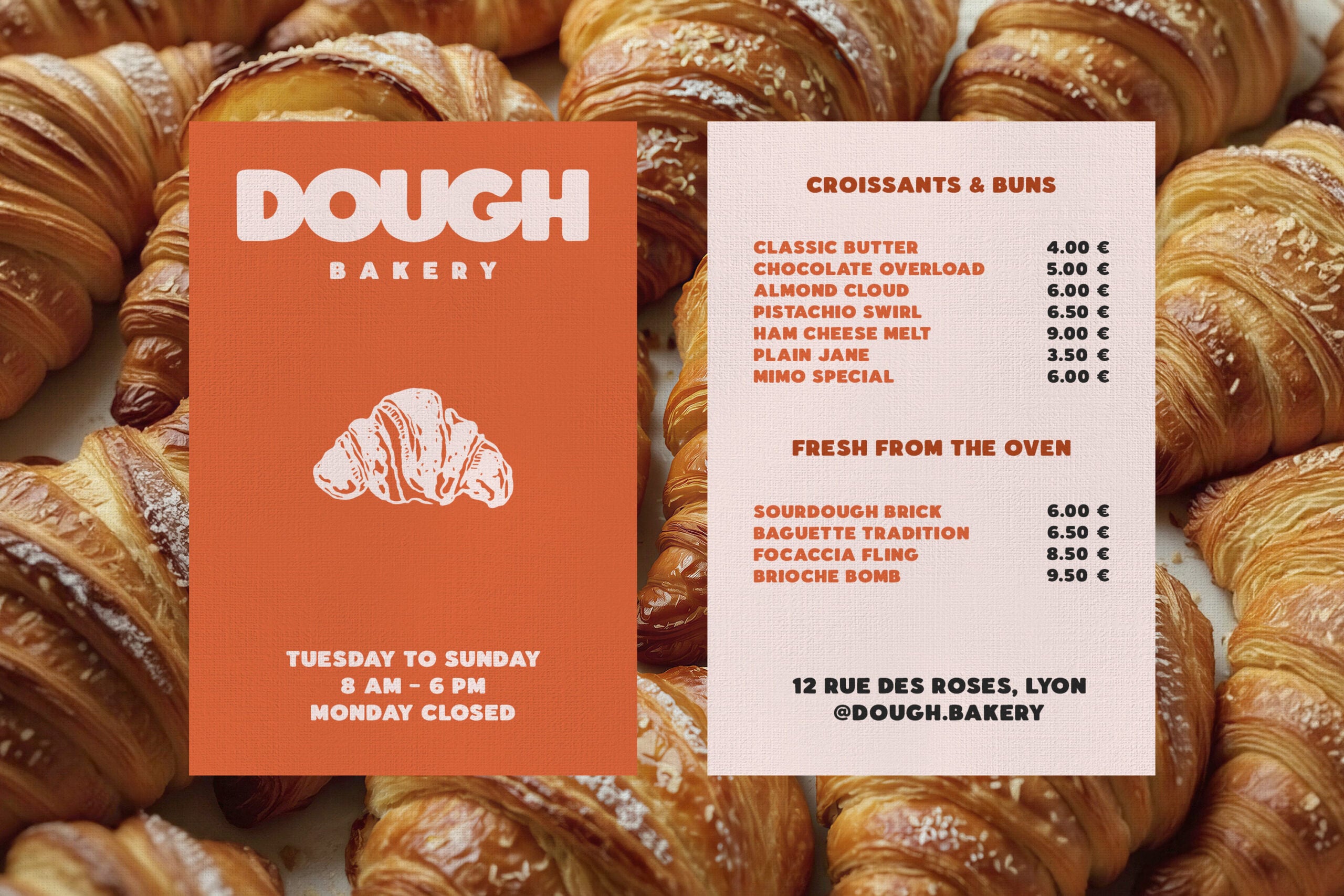 Bakery menu mockup with croissants, orange branding, pricing list on cream card stock
