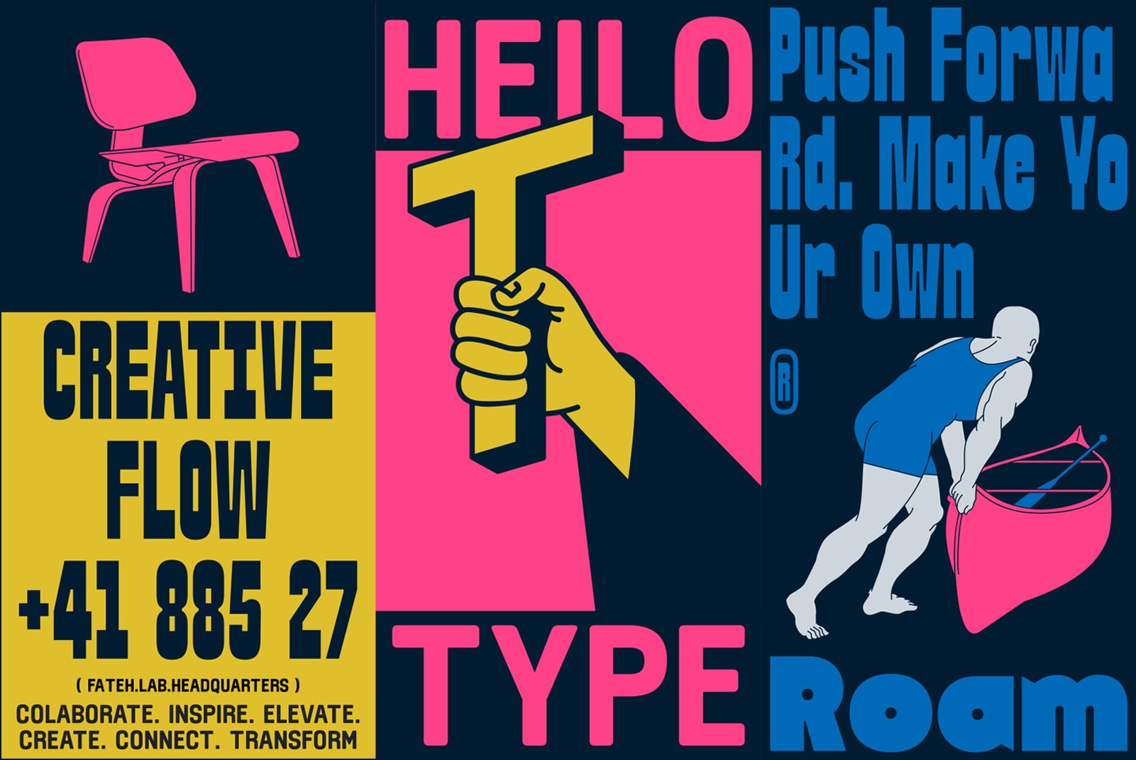 Bold poster design mixing pink, yellow, blue with illustrated chair, fist holding T, person lifting bucket, text about creative flow