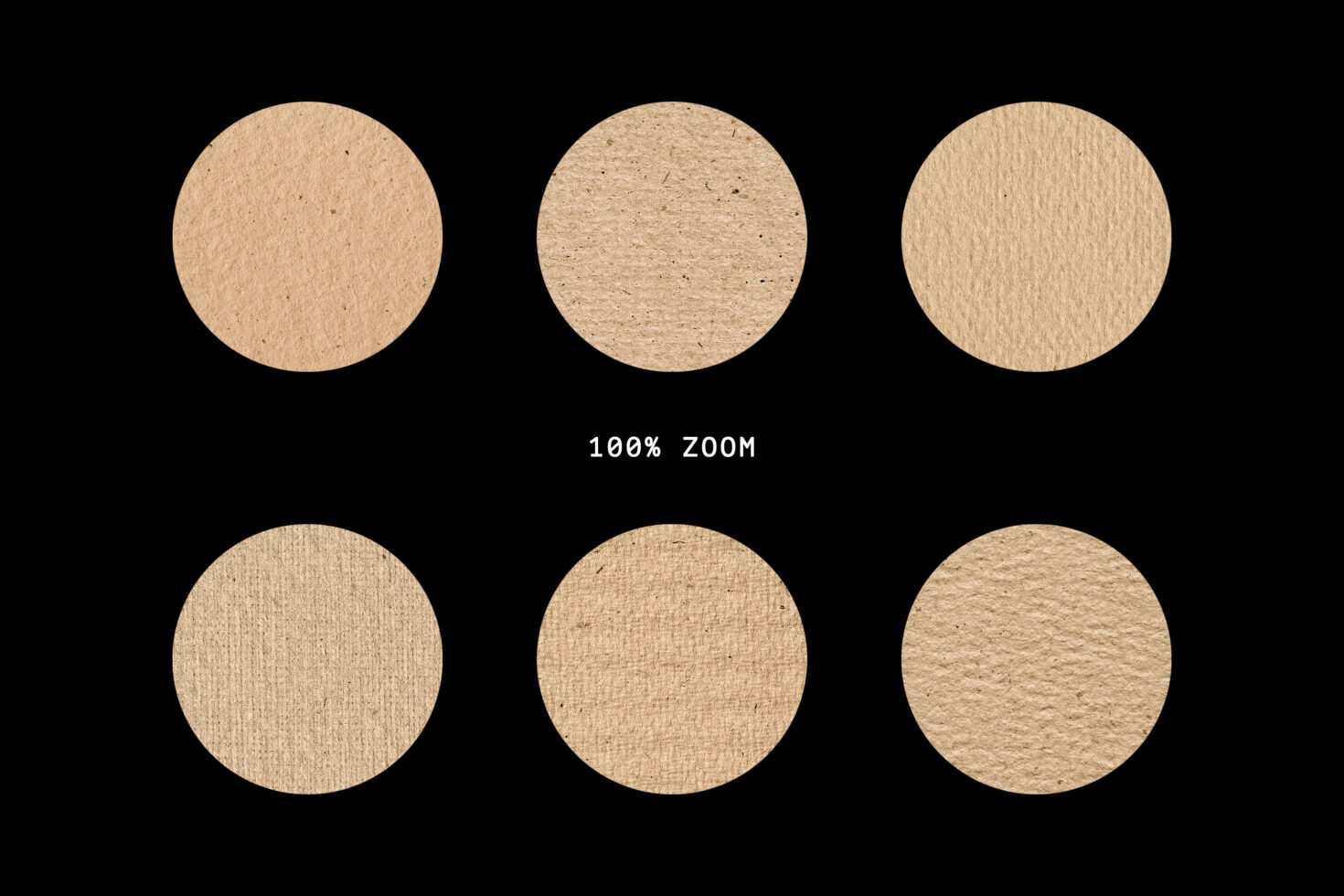 Six kraft paper texture circles at 100% zoom showing different surface details