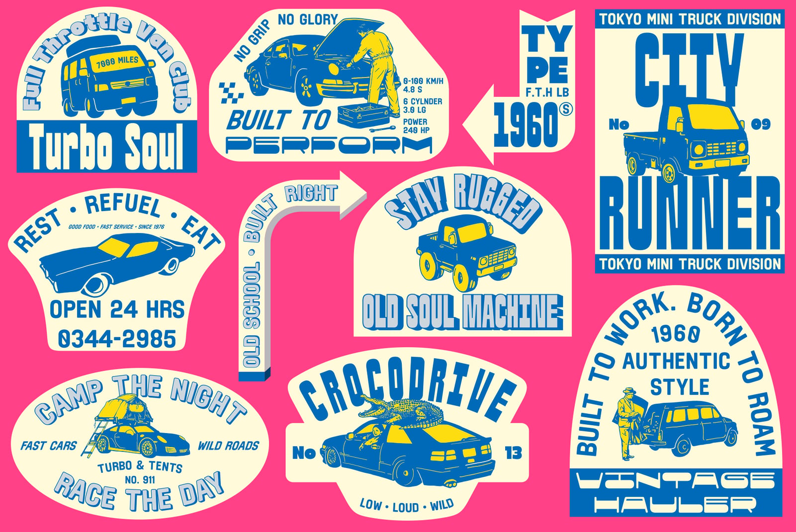 Retro car sticker pack with vintage racing, diner, plus truck division badges on hot pink