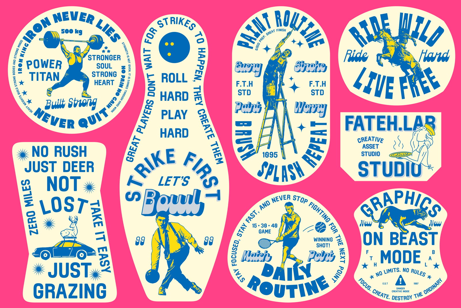 Retro sport badge collection with weightlifting, bowling, cycling, tennis graphics on hot pink