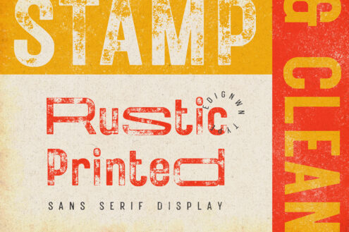 Rustic Printed typeface mockup with distressed red lettering on cream background, bold sans serif display font