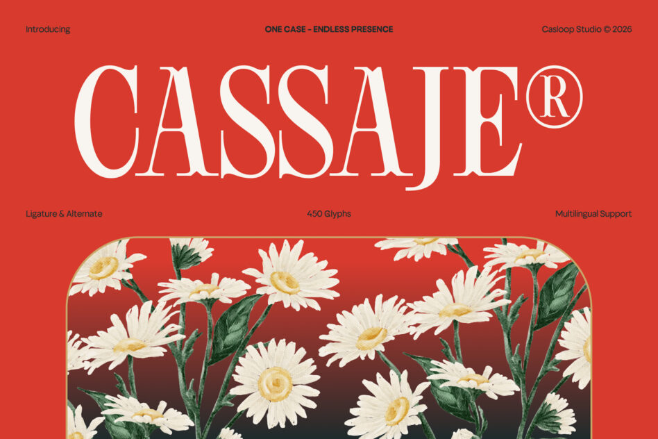 Cassafe typeface displayed in bold white serif on vibrant red background with daisy flower pattern mockup below