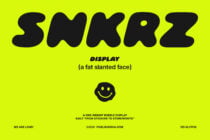 Swirly bubble display font in black on neon yellow with smiley face