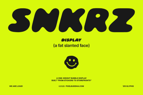 Swirly bubble display font in black on neon yellow with smiley face
