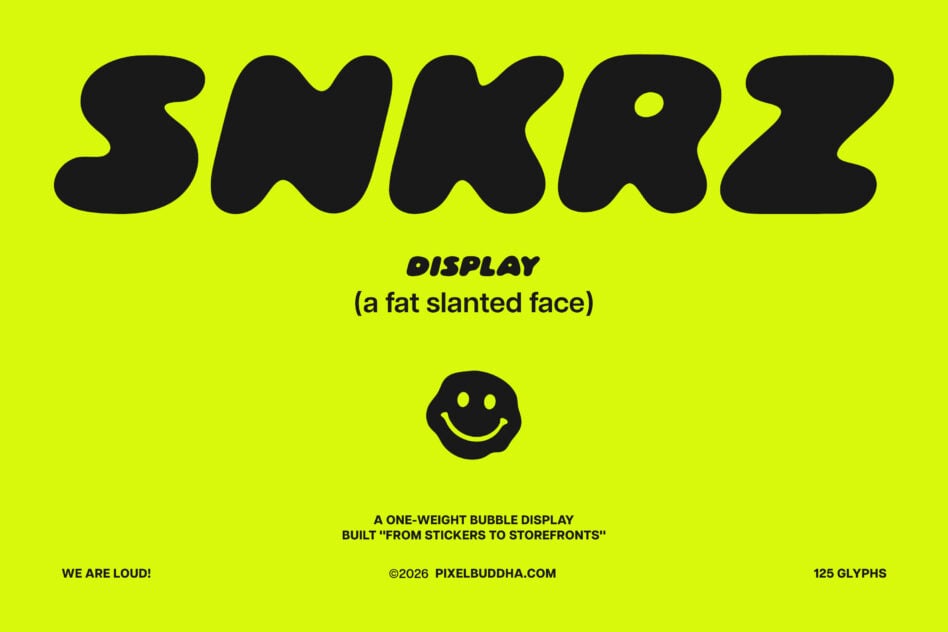 Swirly bubble display font in black on neon yellow with smiley face