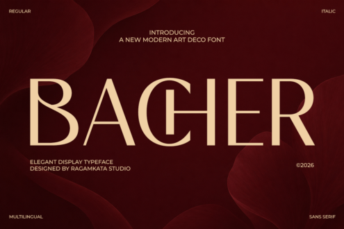 Bacher art deco display font in cream on deep burgundy with geometric abstract shapes