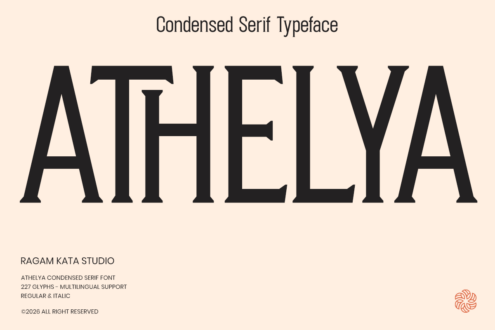 Athelya condensed serif typeface specimen on cream background with studio credits