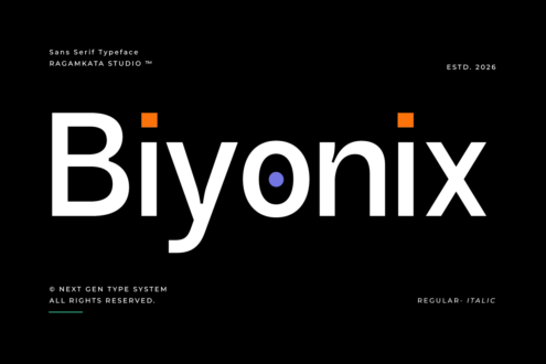 Bivonix sans serif typeface specimen showing large white letters on black background