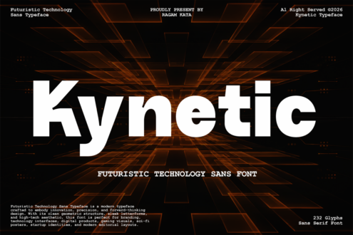 Kynetic futuristic sans typeface specimen with geometric orange background pattern