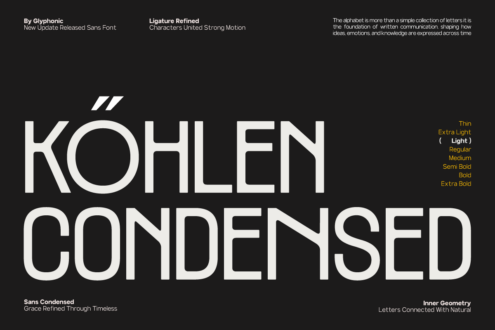 Kohlen Condensed sans serif font displaying multiple weight variations from thin to extra bold