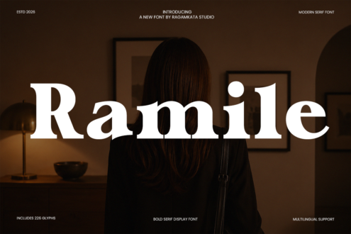 Ramile serif font display on brown background with woman's silhouette, modern typeface sample
