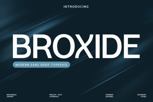 Broxde modern sans serif font display with blue pill badge label on diagonal striped teal background