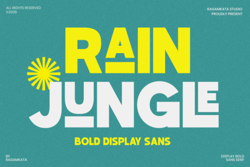 Rain Jungle bold display sans serif font preview on teal background with yellow sun symbol