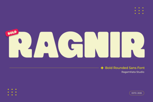 Bold rounded sans serif font display showing oversized cream letters spelling ragnir on purple