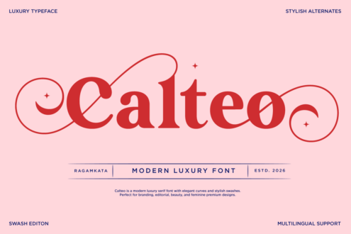 Calteo modern luxury serif font in red with decorative swashes on pink