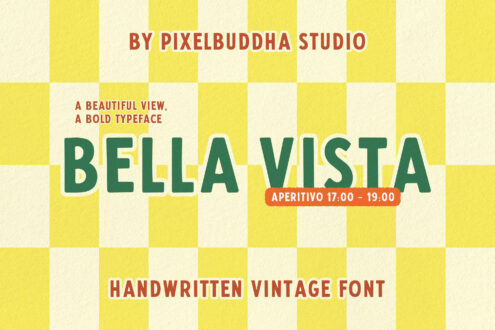 Bella Vista retro font displayed on cheerful yellow checkerboard with vintage vibes
