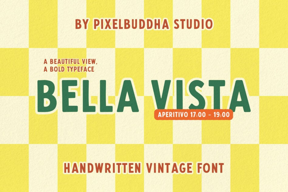 Bella Vista retro font displayed on cheerful yellow checkerboard with vintage vibes