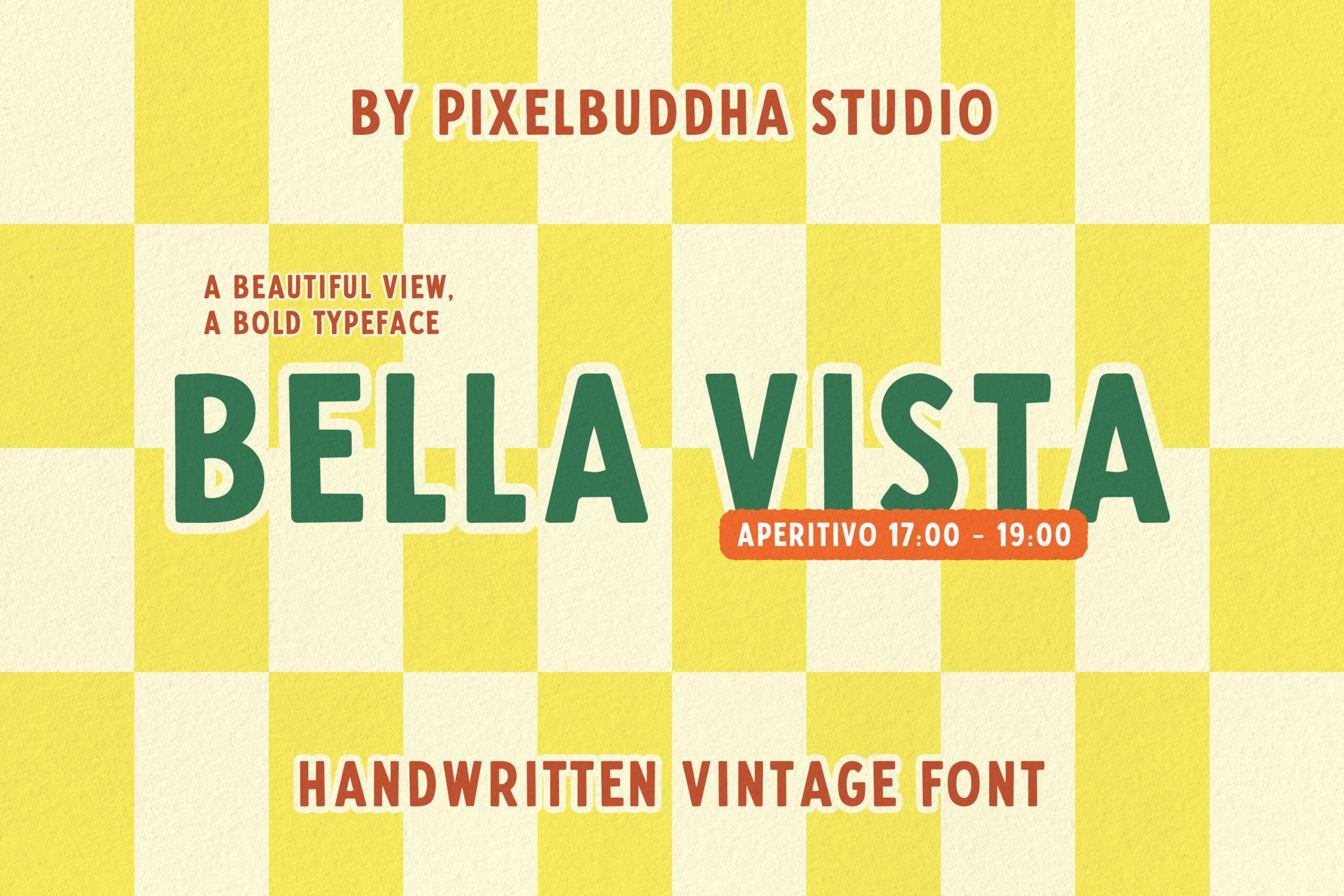 Bella Vista retro font displayed on cheerful yellow checkerboard with vintage vibes