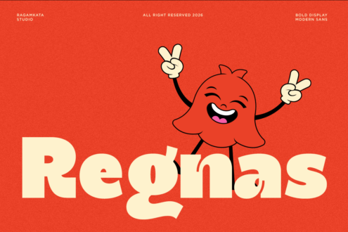 Cheerful red blob character with peace signs on bright orange background with Regnas text