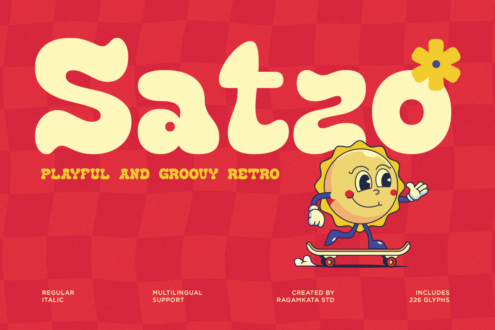 Playful retro font sample with groovy sun mascot character on red background