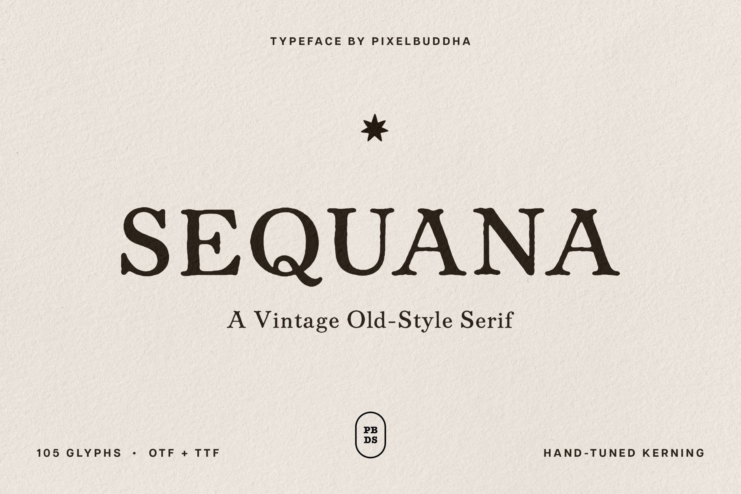 Sequana vintage serif font display with 105 glyphs, hand-tuned kerning, OTF plus TTF files