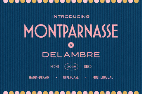 Montparnasse & Delambre font duo poster with pink lettering on textured blue background, decorative circles top bottom