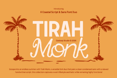 Tirah Monk font duo with bold sans plus flowing script on warm golden background with palm trees