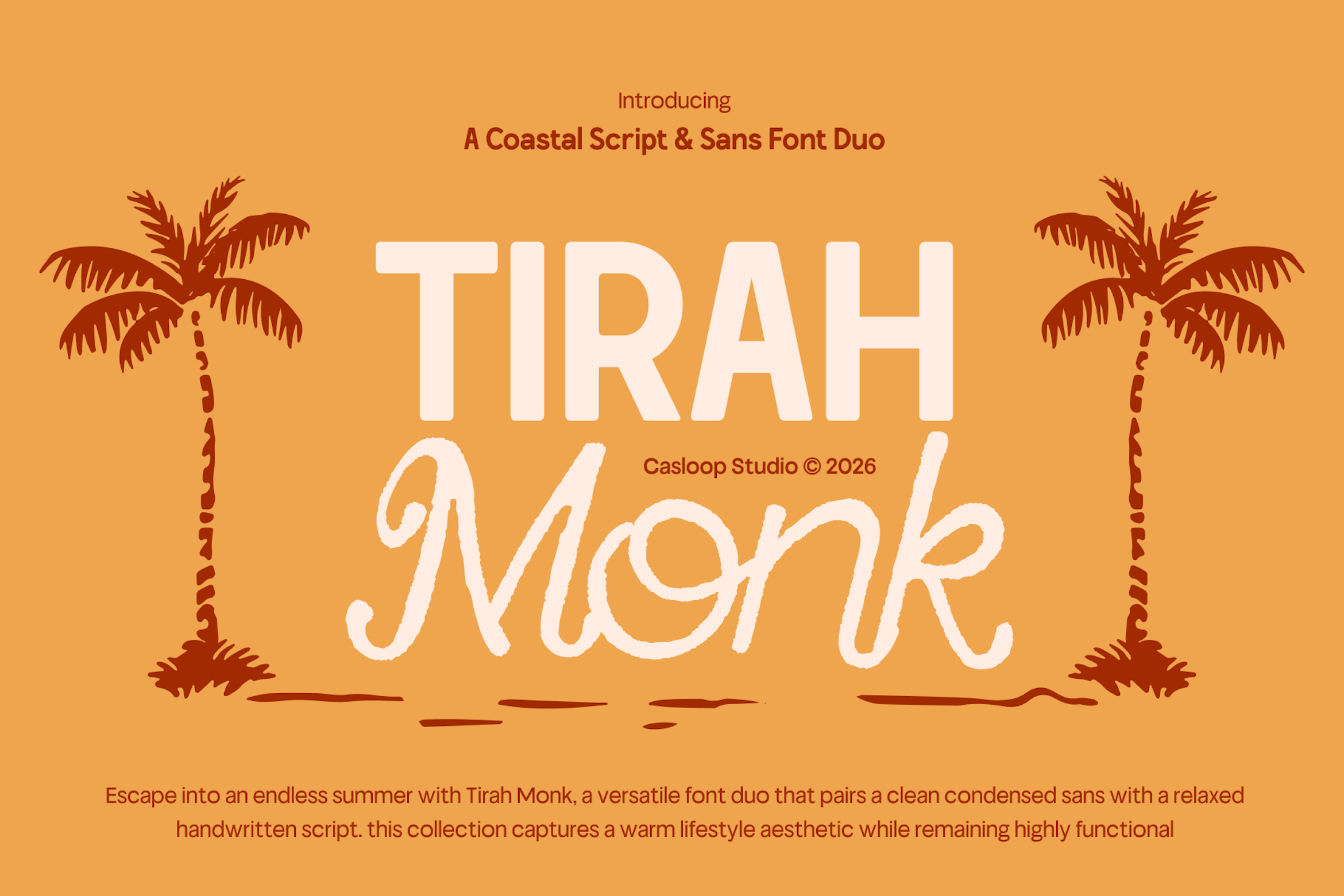 Tirah Monk font duo with bold sans plus flowing script on warm golden background with palm trees