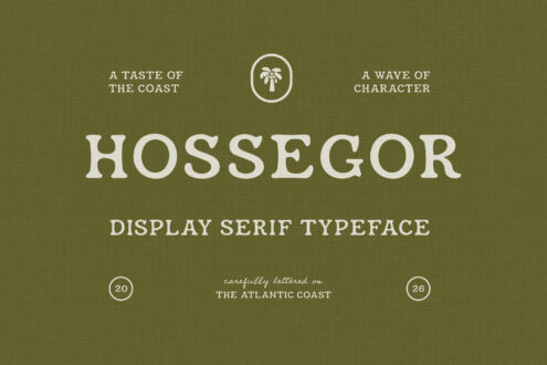 Hossegor serif typeface with coastal taglines on olive green background