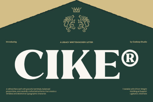 Cike serif font display with ornate lions, crown, gold on deep teal background