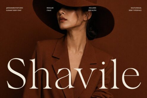 Elegant serif font displayed on woman in rust blazer wearing oversized black hat