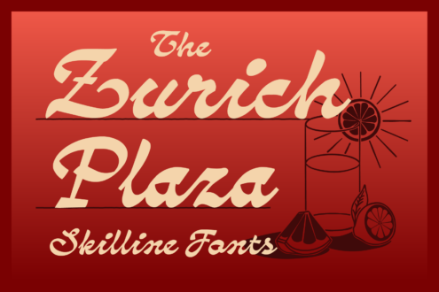 Retro pizza shop poster with cream script lettering on red background, lemon slices