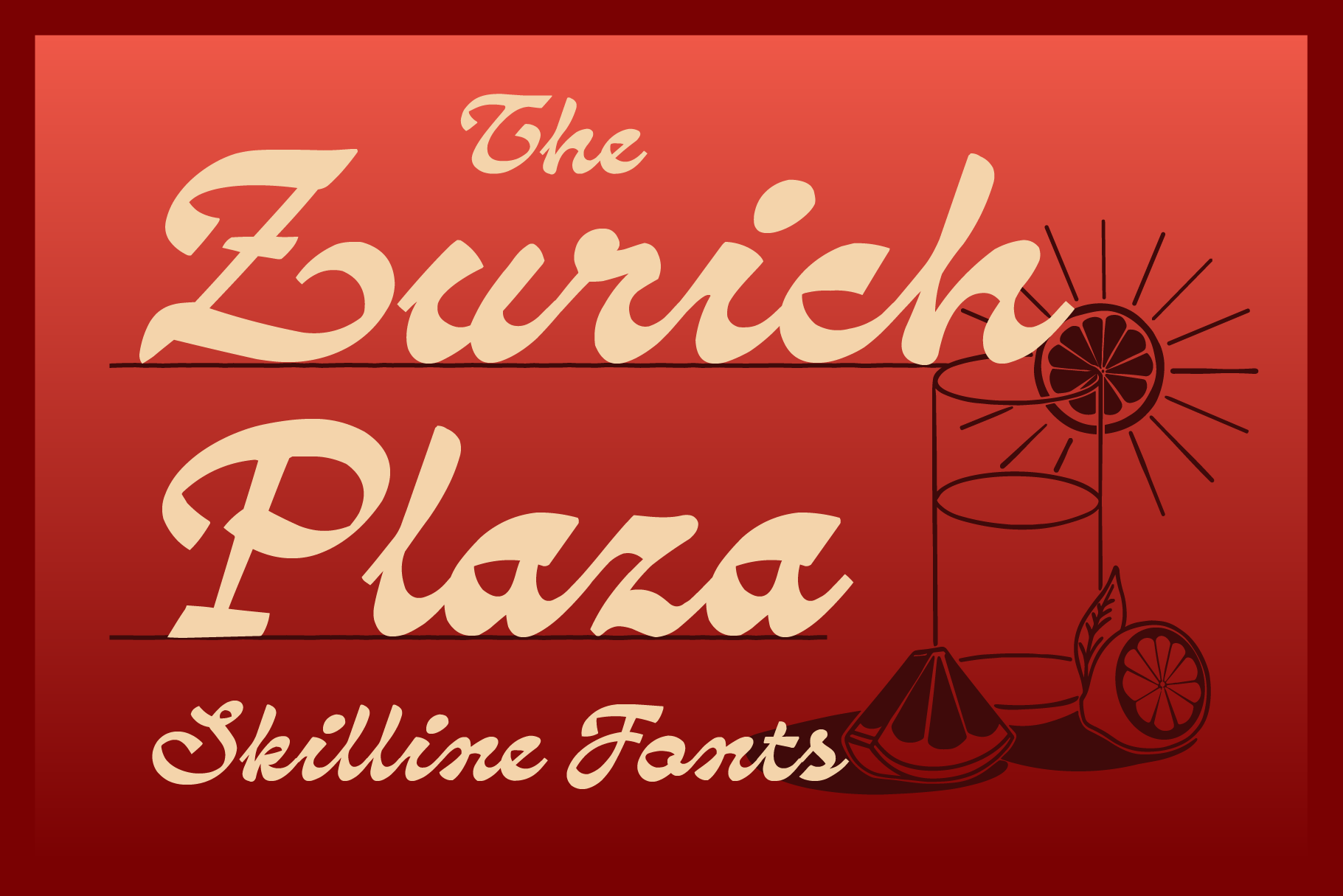 Retro pizza shop poster with cream script lettering on red background, lemon slices