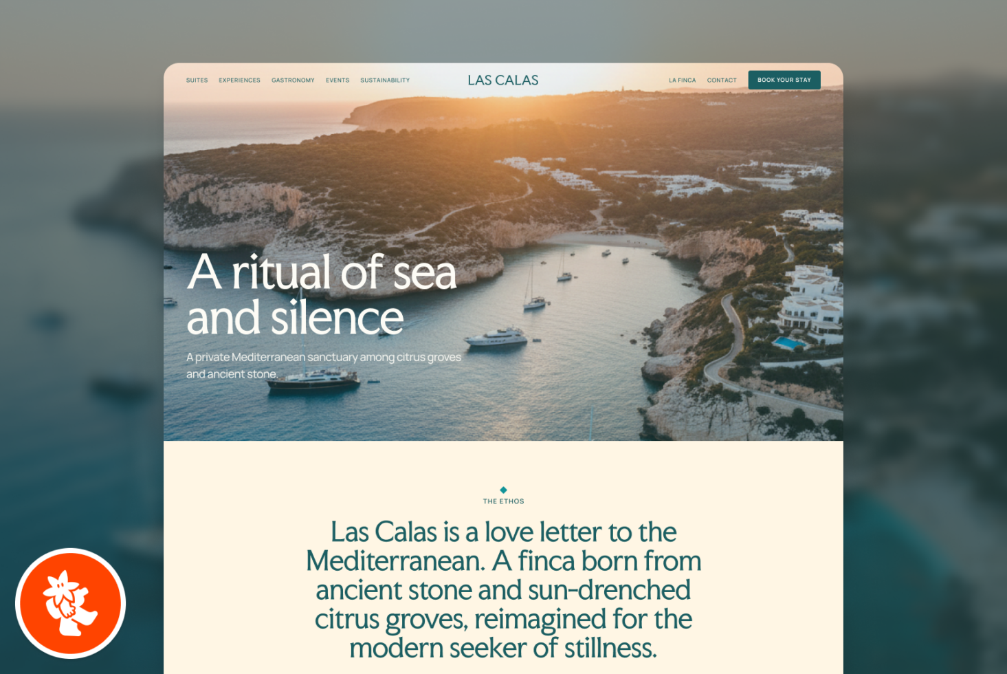 Luxury resort website hero section with Mediterranean coastal cove, sailboats, cliffs, navigation menu, headline, booking button