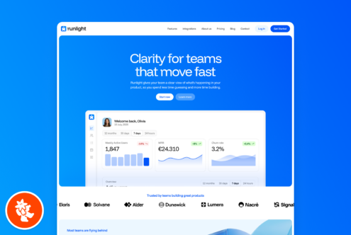 Runlight SaaS dashboard mockup showing analytics with user welcome, metrics charts, navigation menu on bright blue background