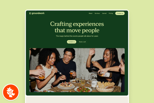 Groundwork website homepage mockup with dark green hero section, cream text, navigation bar, two CTA buttons, plus photo of friends dining together