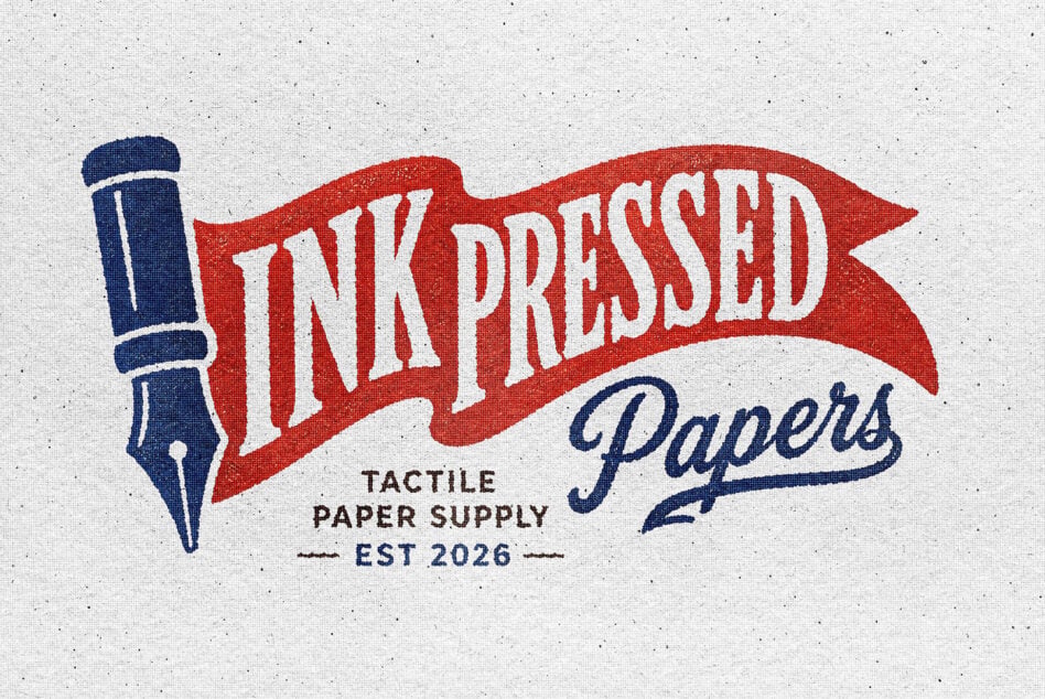 Vintage ink pressed papers logo with red banner, blue pen, retro typography on cream texture
