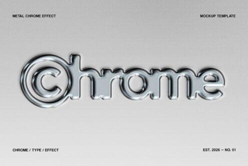Chrome metallic text effect mockup with shiny reflective finish on gray background
