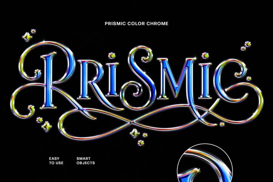Prismic Color Chrome text effect with iridescent rainbow chrome strokes on black background, plus decorative sparkle elements